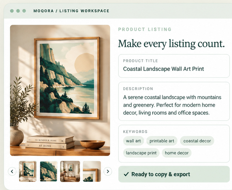Approved Moqyra listing workspace featuring a framed coastal landscape, listing details and product thumbnails