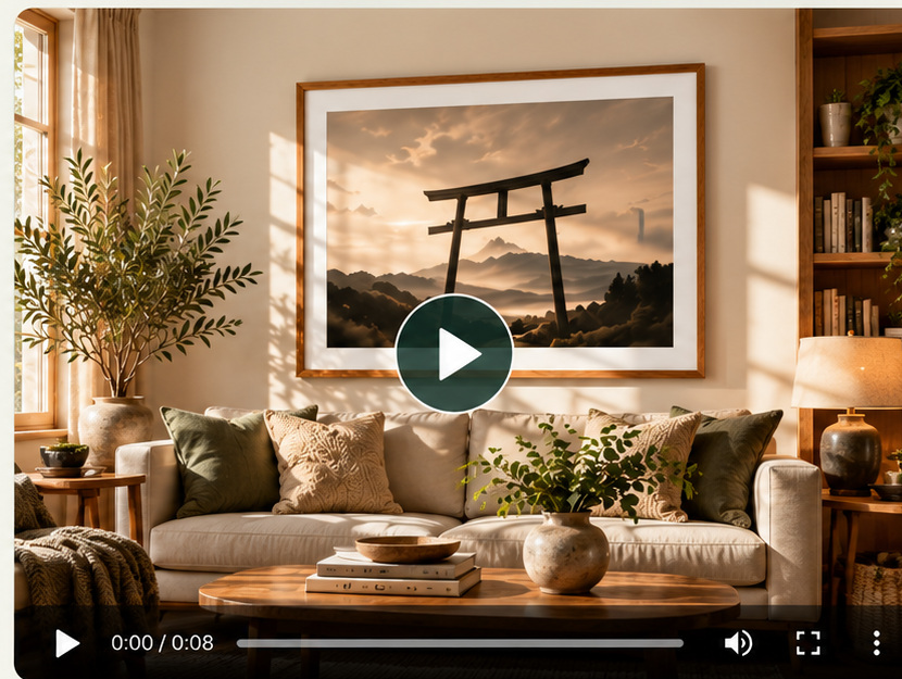 Photorealistic framed wall art shown as a short video advertisement with a play button