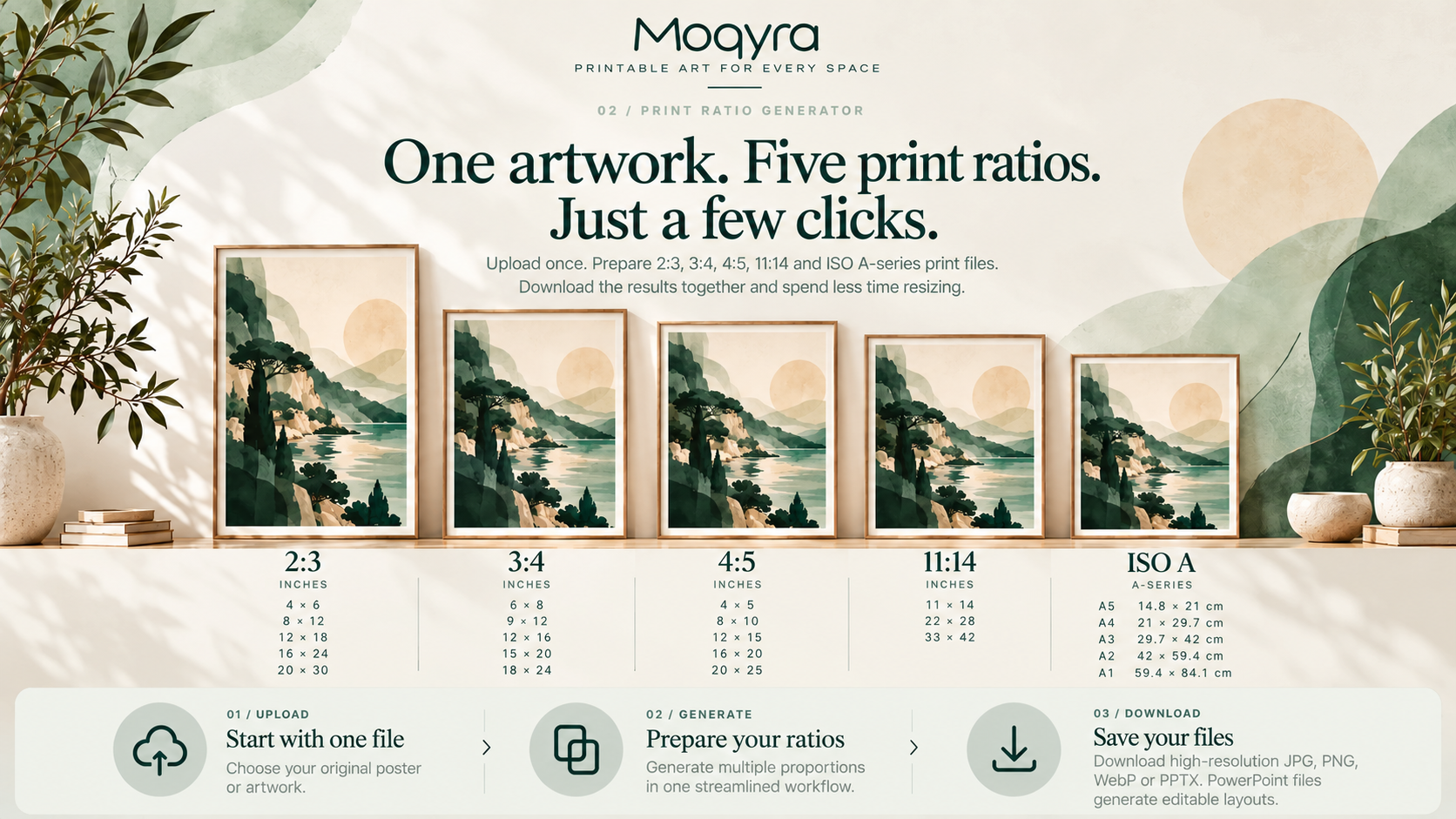 Moqyra botanical print ratio guide featuring one artwork in five framed print proportions
